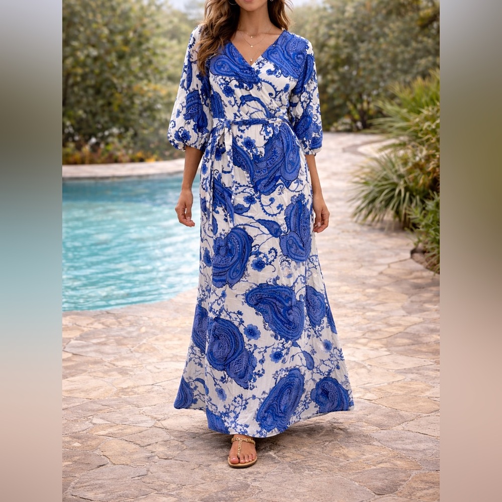 Blue & White Paisley Midi Wrap Dress - Women's Linen Blend